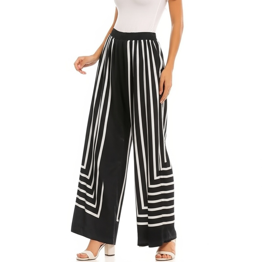 Palazzo Pants Womens Size 1X Black White Stripes Elastic Waist Casual Chic